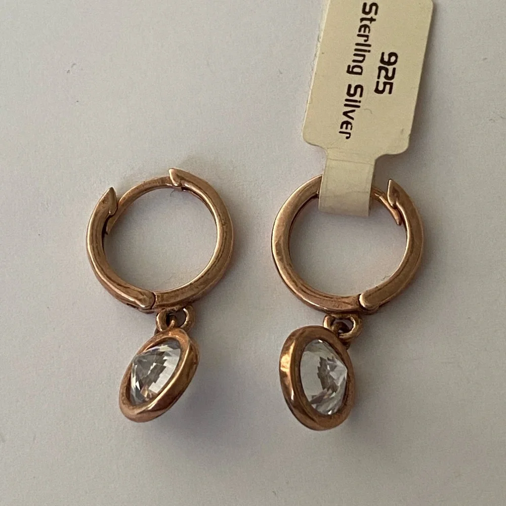 925 Silver round cz stone hoops earrings 14k rose gold plated